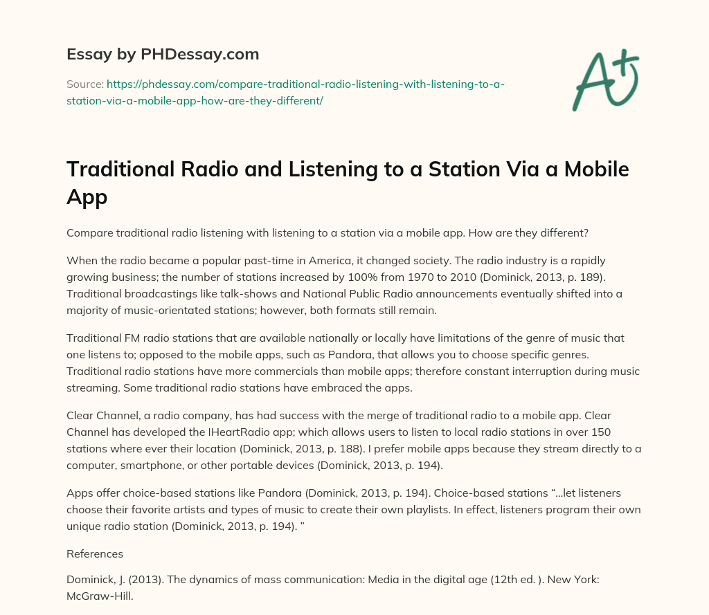 Traditional Radio and Listening to a Station Via a Mobile App essay