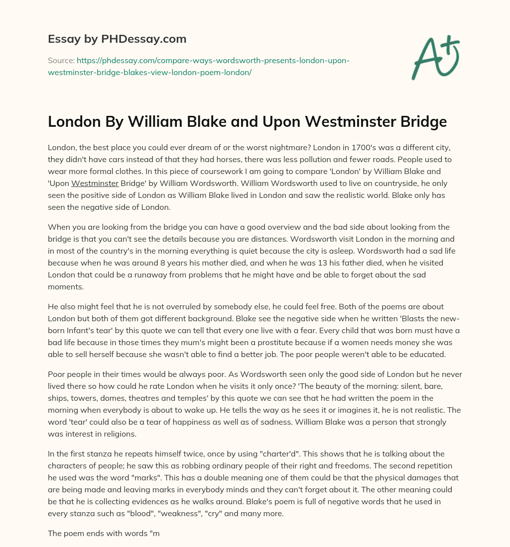 London By William Blake and Upon Westminster Bridge essay