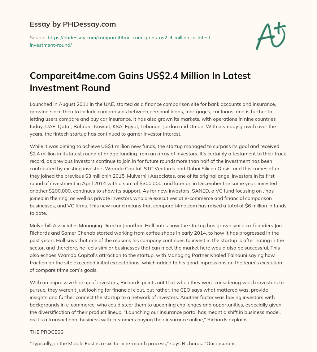 Compareit4me.com Gains US$2.4 Million In Latest Investment Round essay