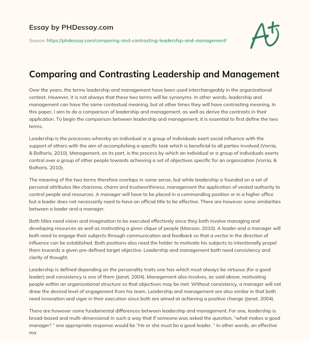 Comparing and Contrasting Leadership and Management essay