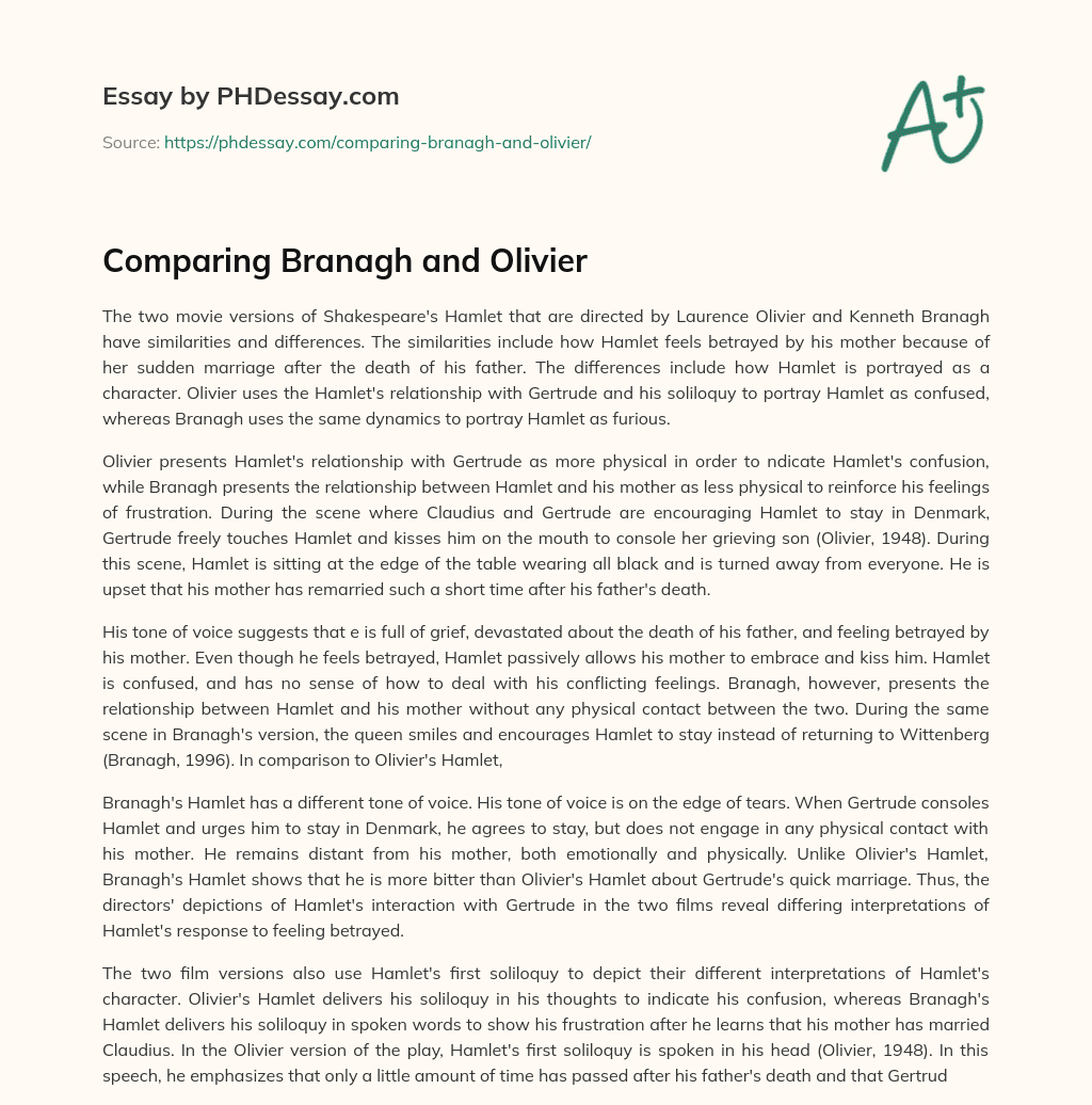 Comparing Branagh and Olivier essay