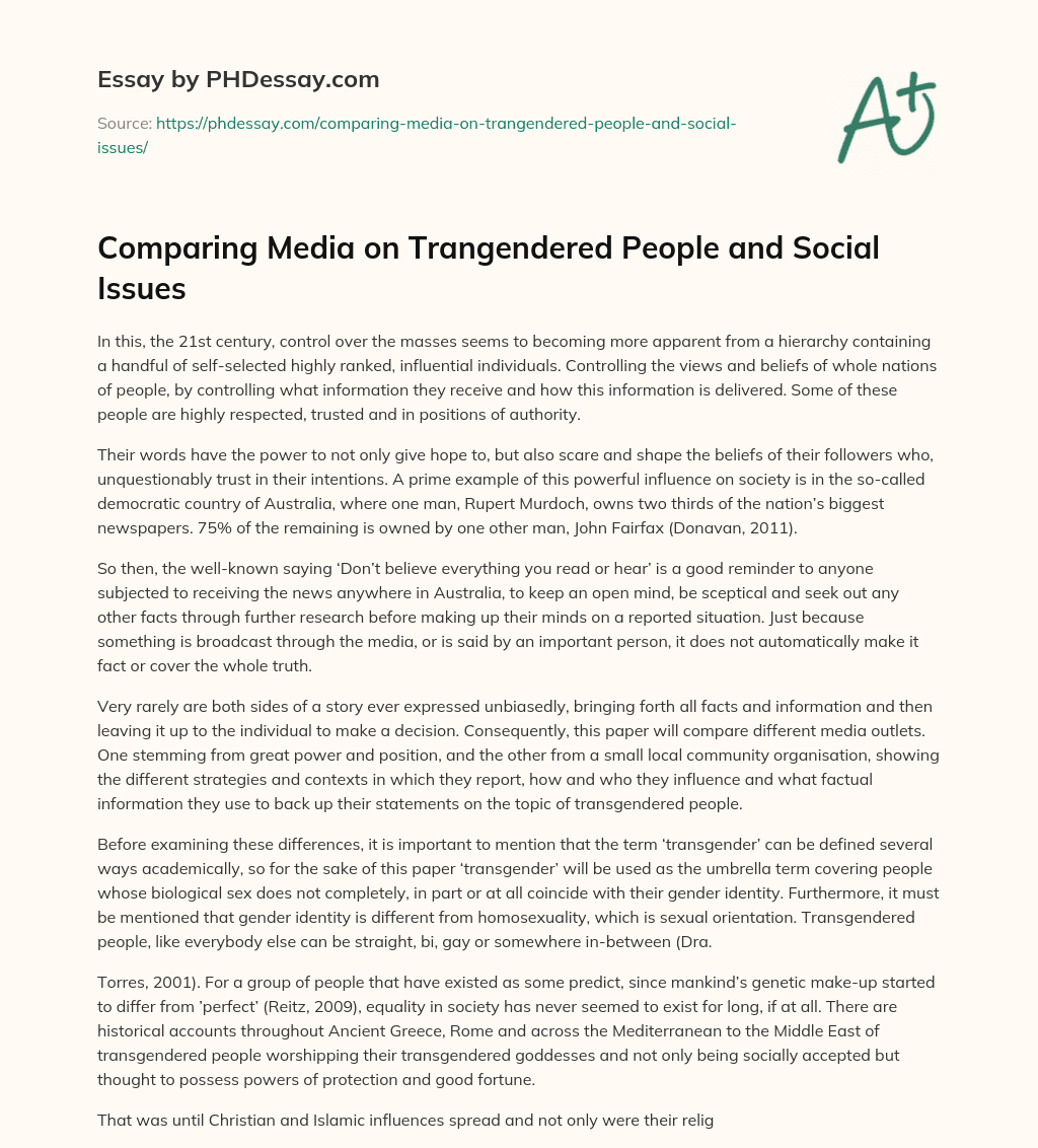 Comparing Media on Trangendered People and Social Issues essay