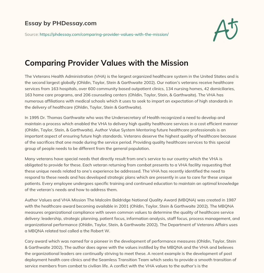 Comparing Provider Values with the Mission essay