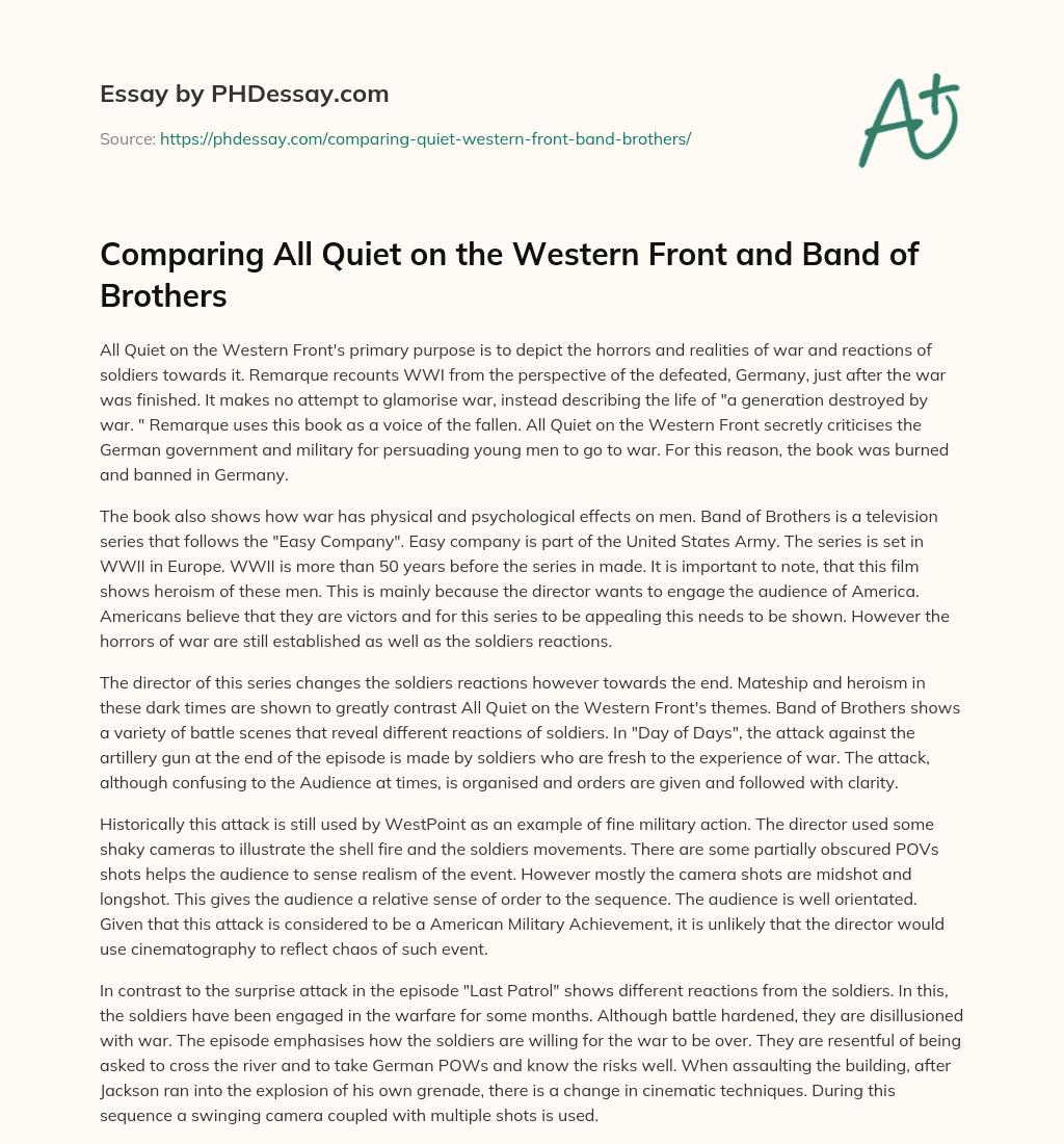 Comparing All Quiet on the Western Front and Band of Brothers essay