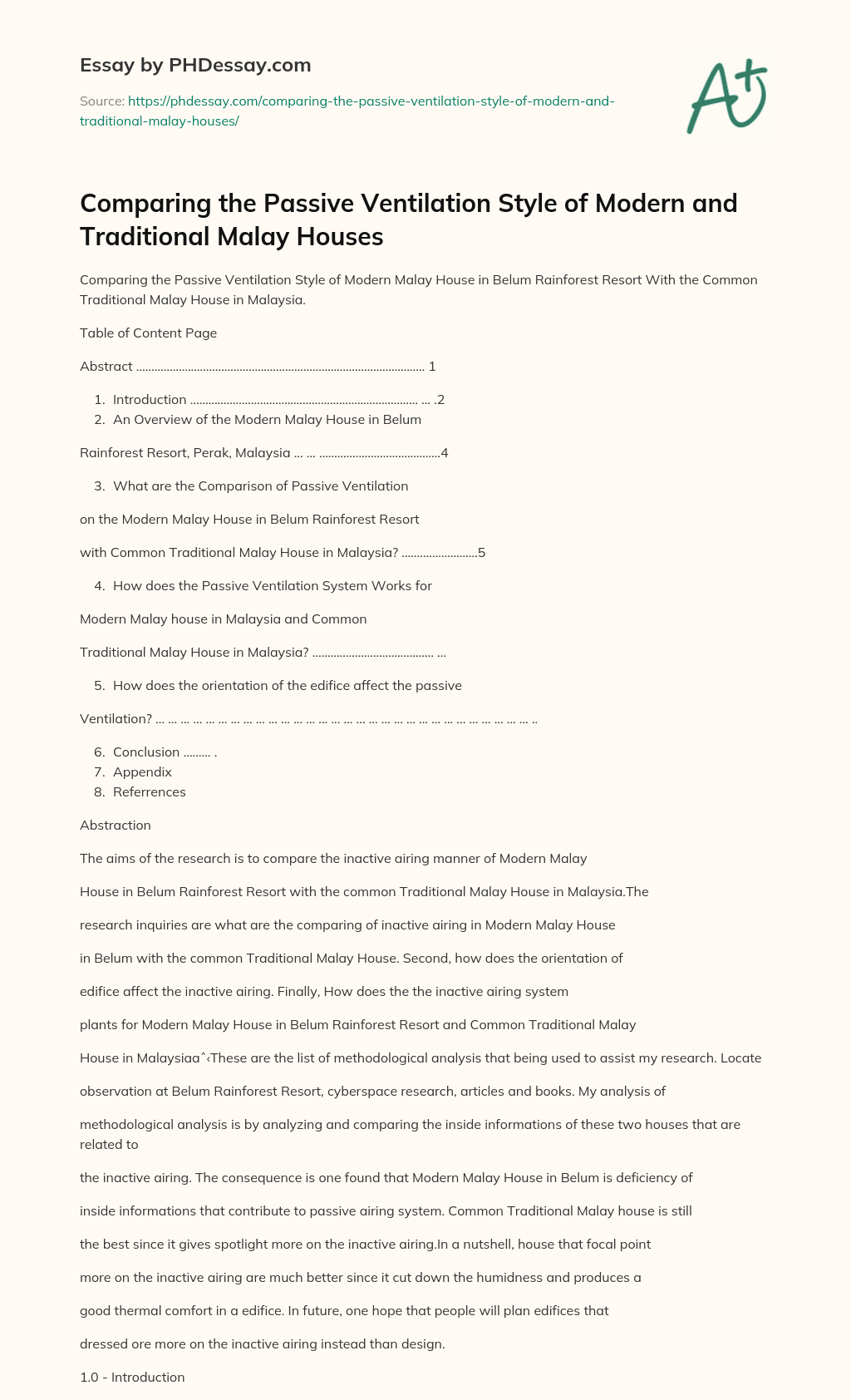 Comparing the Passive Ventilation Style of Modern and Traditional Malay Houses essay