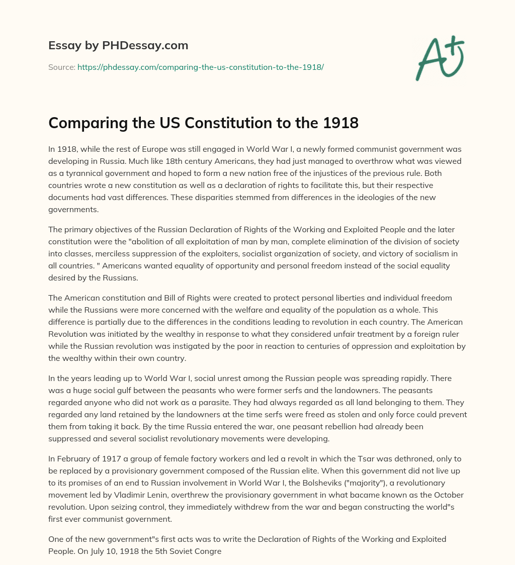 Comparing the US Constitution to the 1918 essay