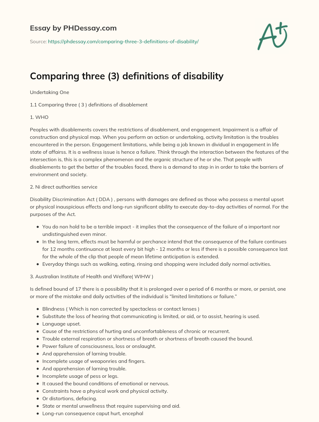 Comparing three (3) definitions of disability