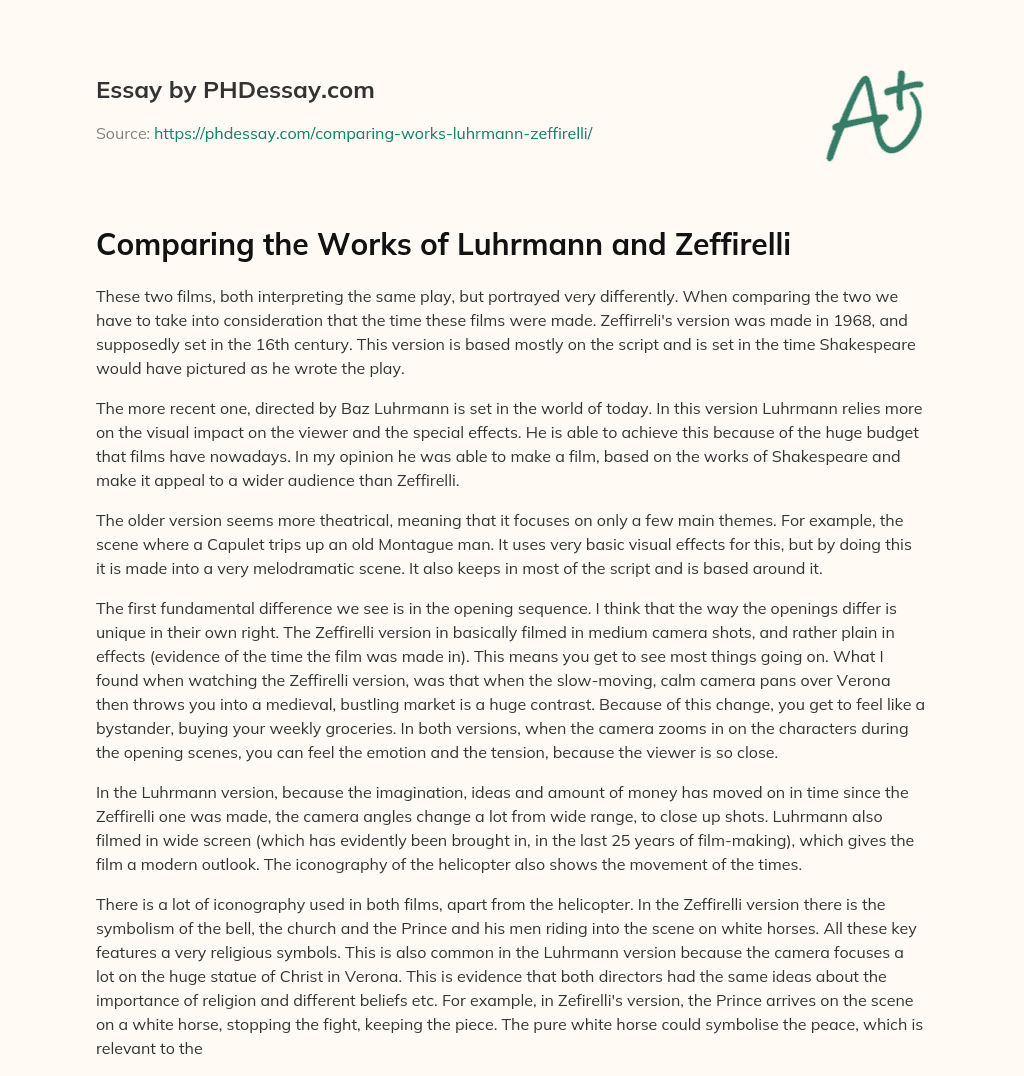 Comparing the Works of Luhrmann and Zeffirelli essay