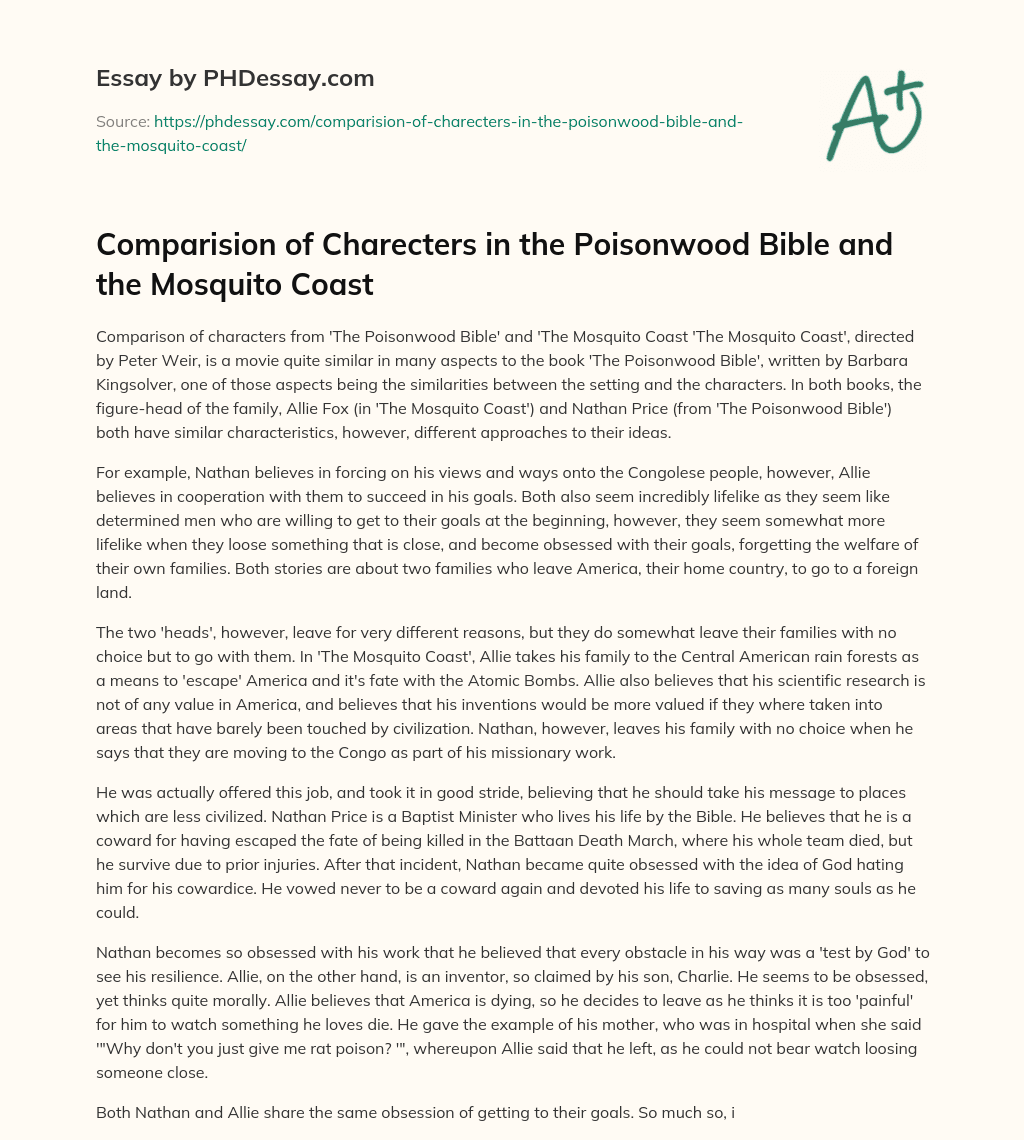 Comparision of Charecters in the Poisonwood Bible and the Mosquito Coast essay