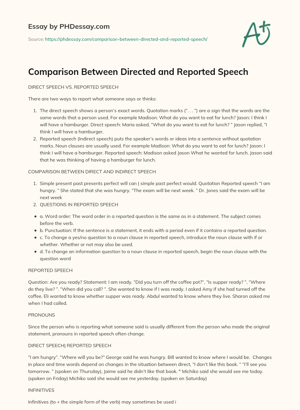 Comparison Between Directed and Reported Speech essay