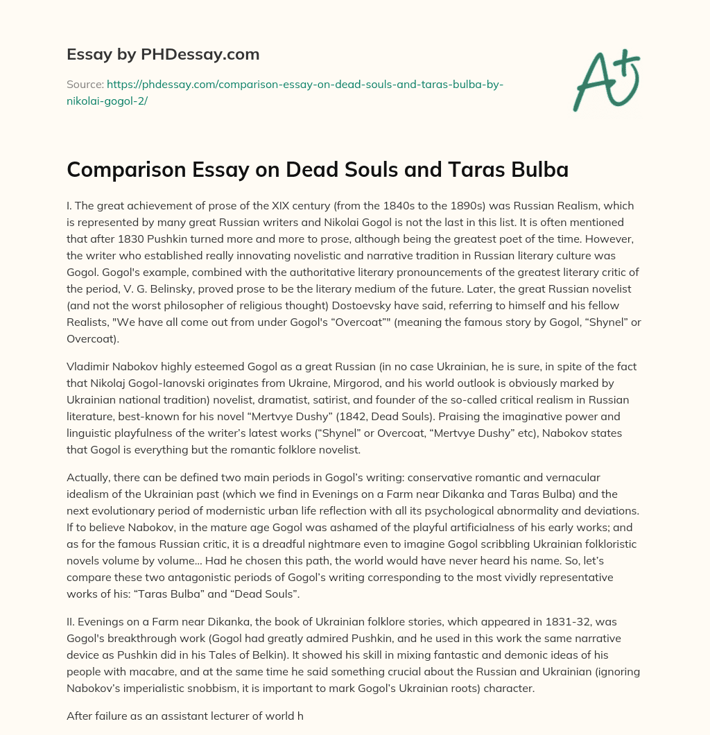 Comparison Essay on Dead Souls and Taras Bulba essay