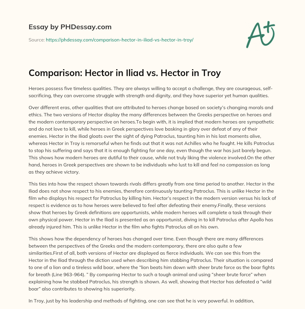 Comparison: Hector in Iliad vs. Hector in Troy essay