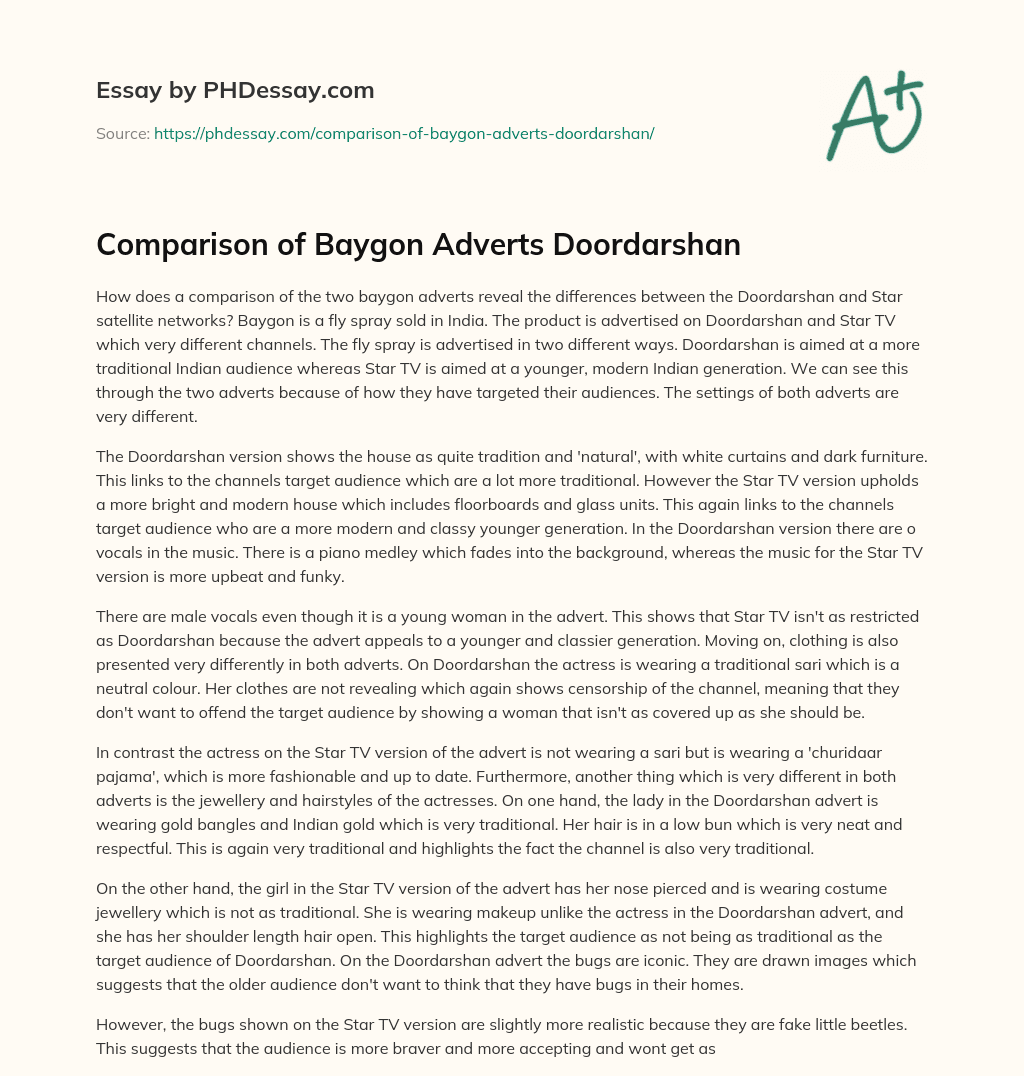 Comparison of Baygon Adverts Doordarshan essay