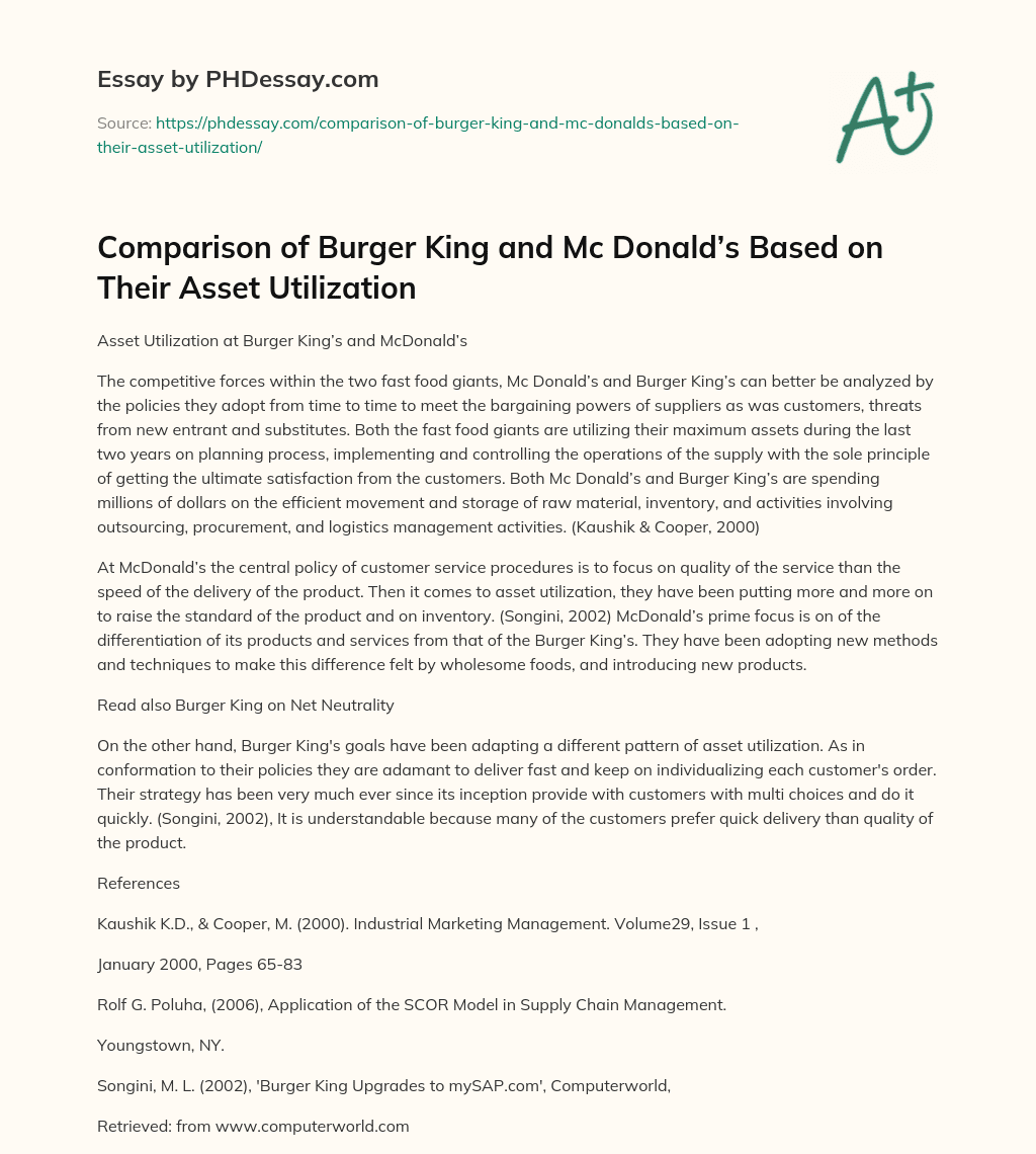 Comparison of Burger King and Mc Donald’s  Based on Their Asset Utilization essay