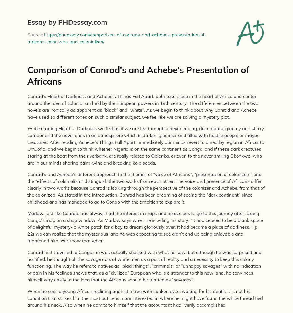 Comparison of Conrad’s and Achebe’s Presentation of Africans essay