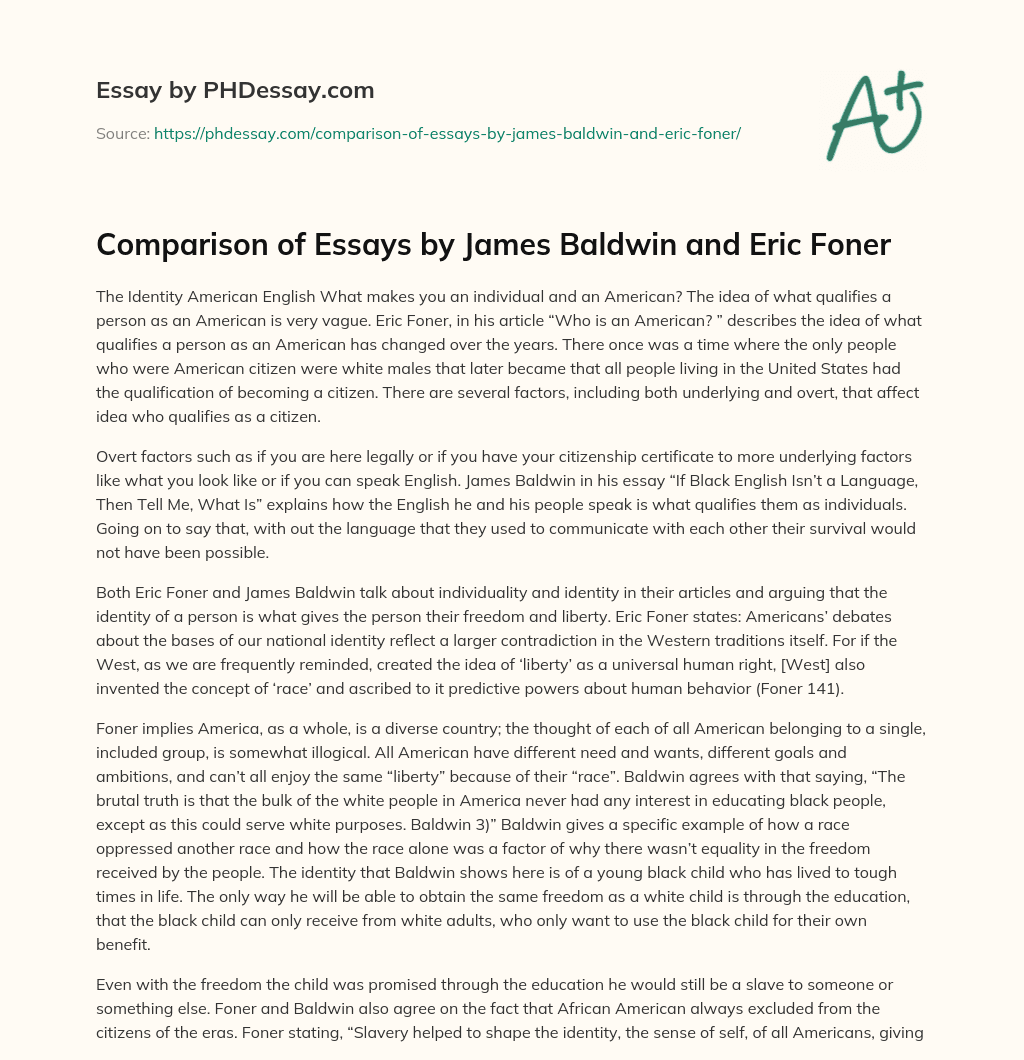 Comparison of Essays by James Baldwin and Eric Foner essay