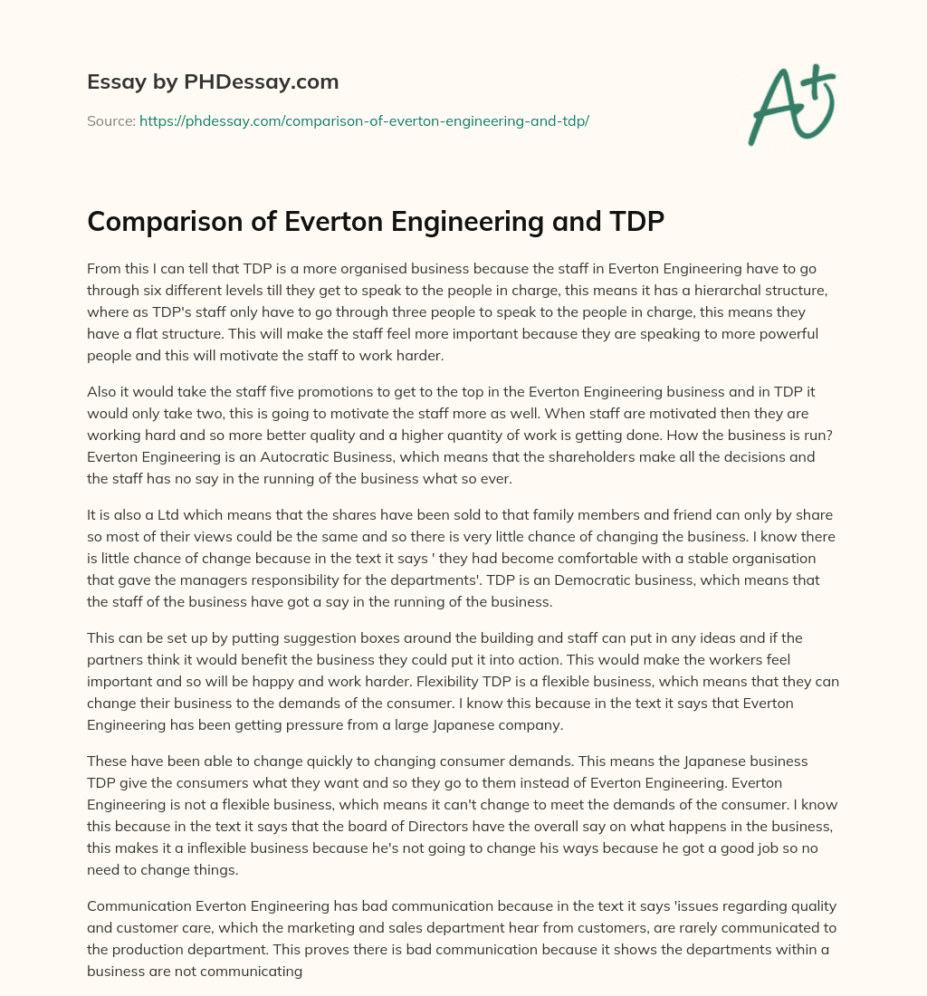 Comparison of Everton Engineering and TDP essay