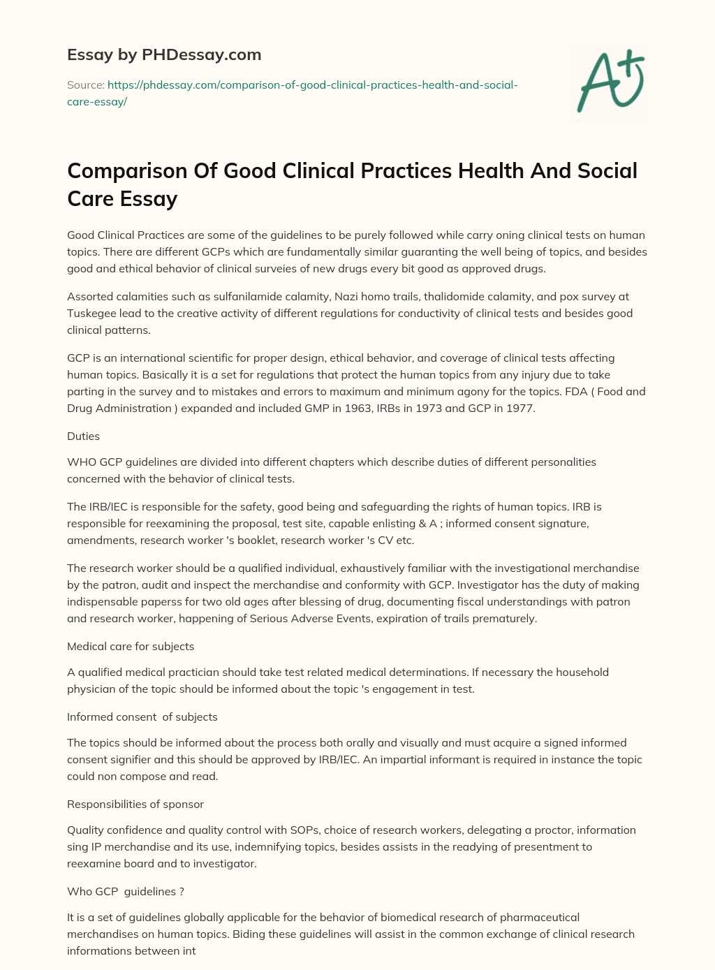 Comparison Of Good Clinical Practices Health And Social Care Essay essay