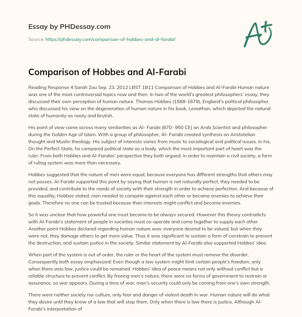 Comparison of Hobbes and Al-Farabi essay