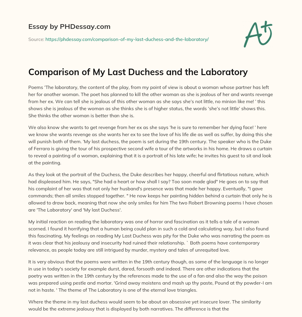 Comparison of My Last Duchess and the Laboratory essay