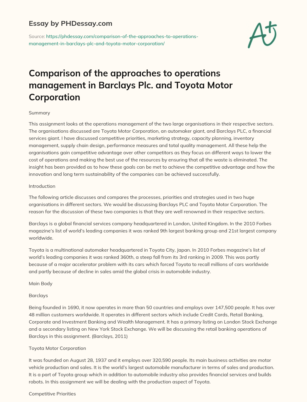 Comparison of the approaches to operations management in Barclays Plc. and Toyota Motor Corporation essay