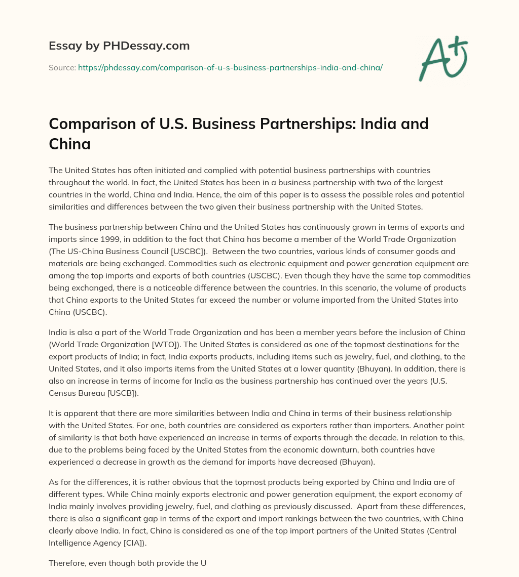 Comparison of U.S. Business Partnerships: India and China essay