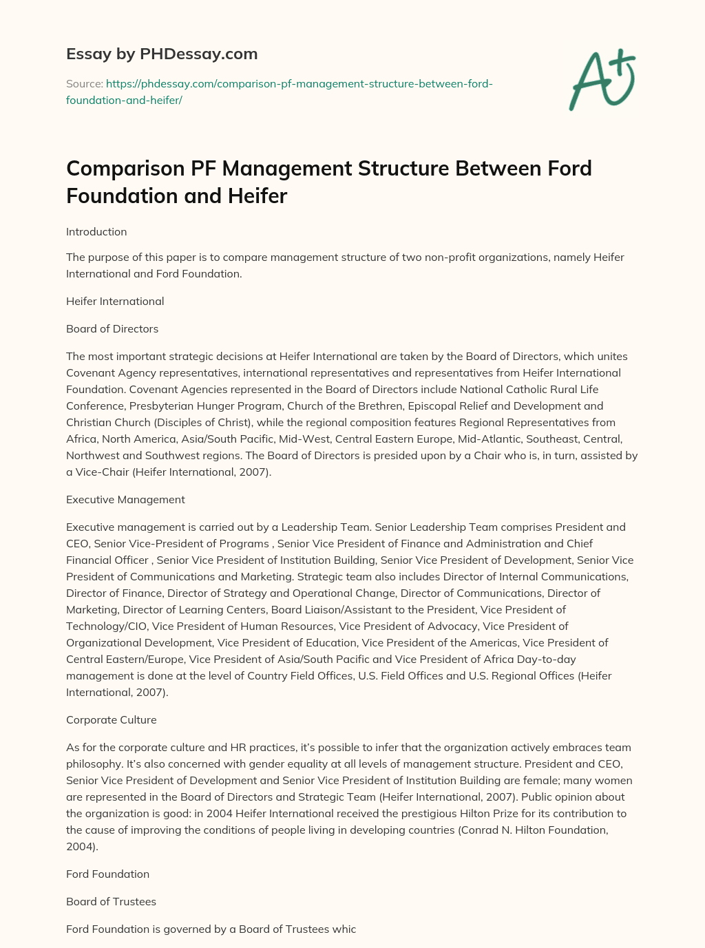 Comparison PF Management Structure Between Ford Foundation and Heifer essay