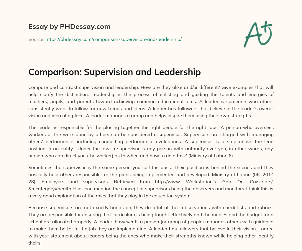 Comparison: Supervision and Leadership essay
