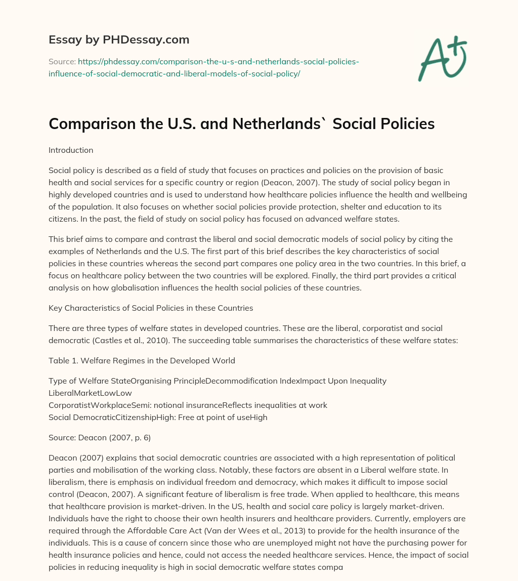 Comparison the U.S. and Netherlands` Social Policies essay
