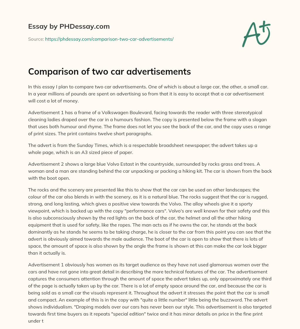Comparison of two car advertisements essay