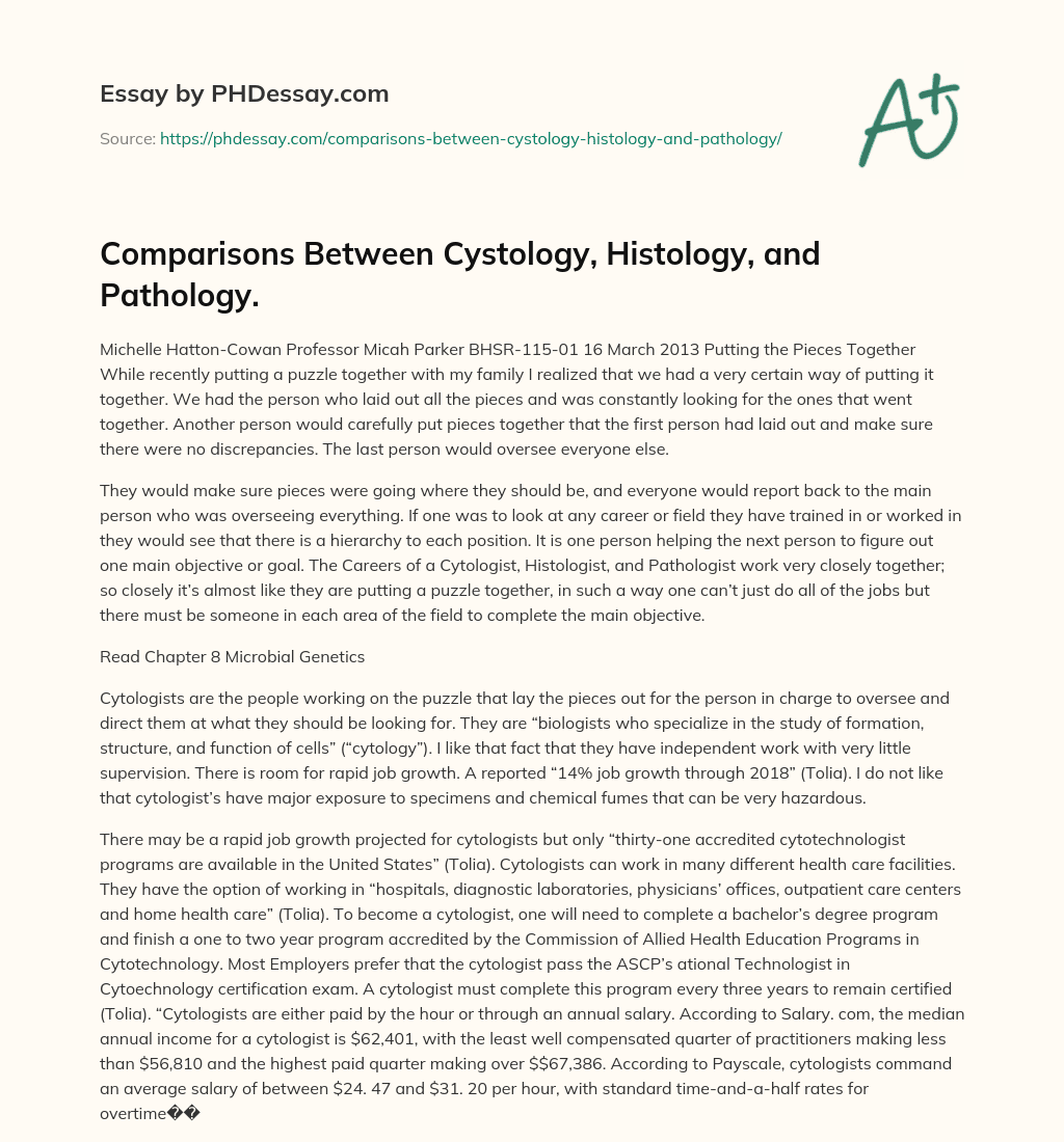 Comparisons Between Cystology, Histology, and Pathology essay