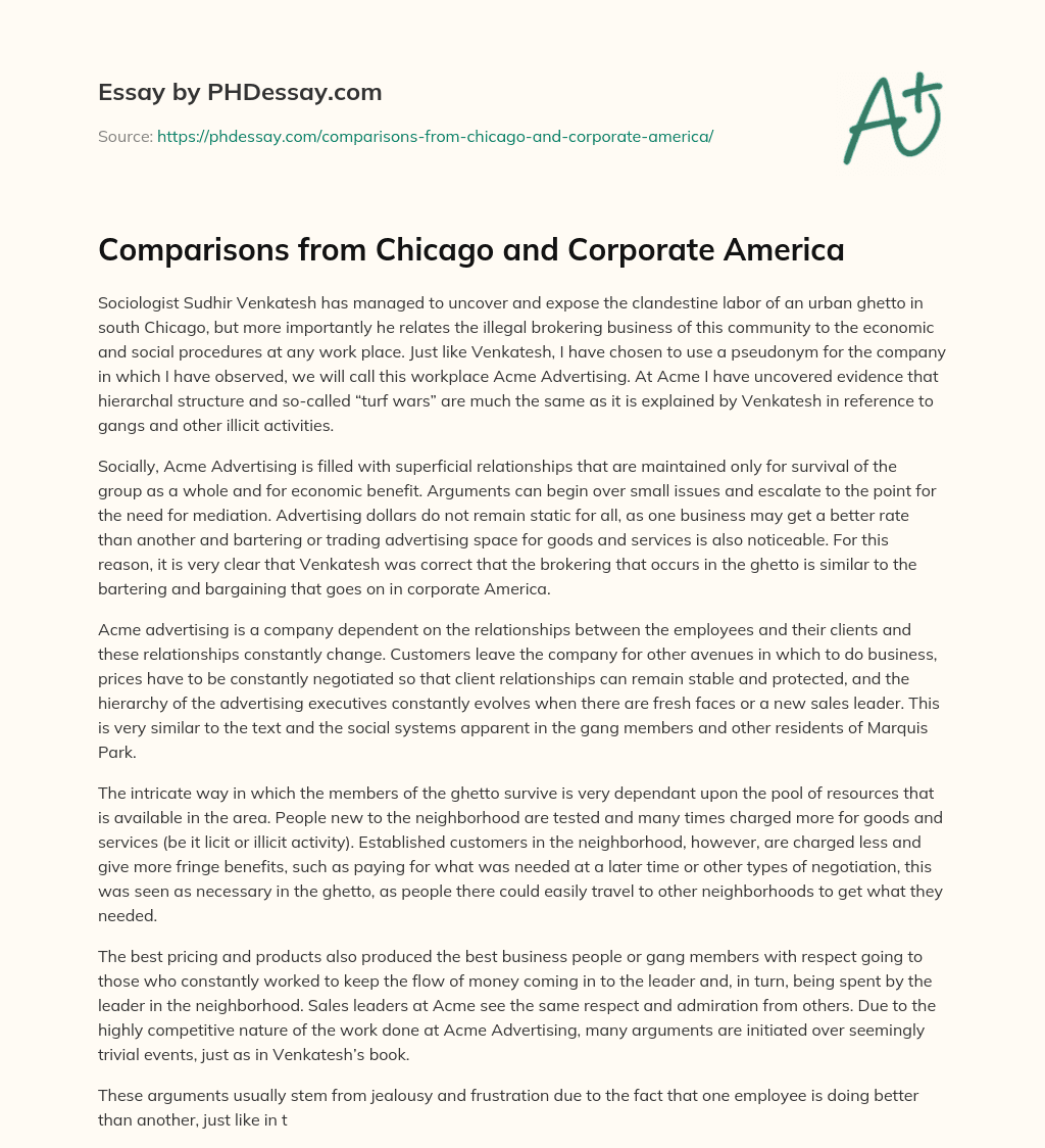 Comparisons from Chicago and Corporate America essay