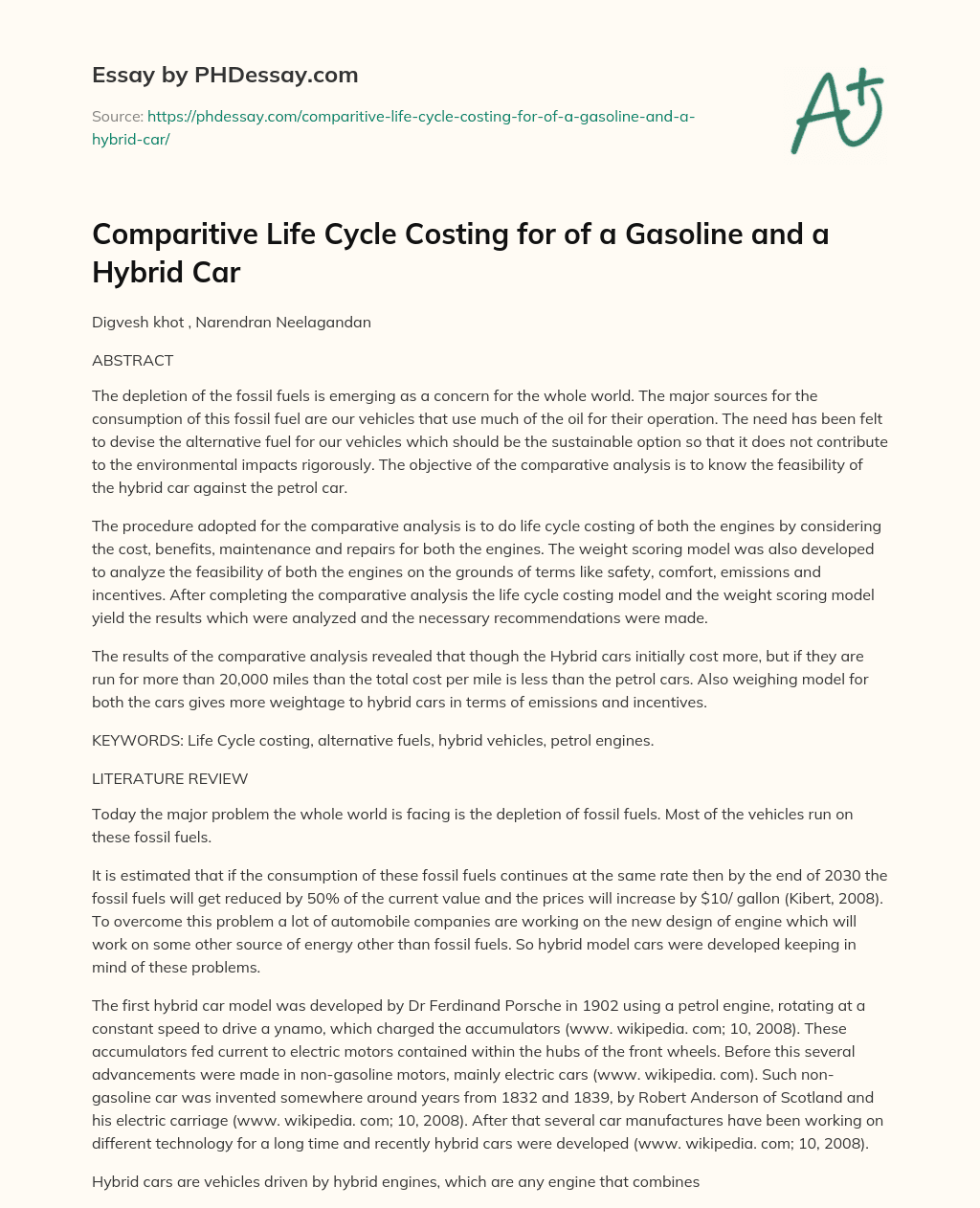 Comparitive Life Cycle Costing for of a Gasoline and a Hybrid Car essay