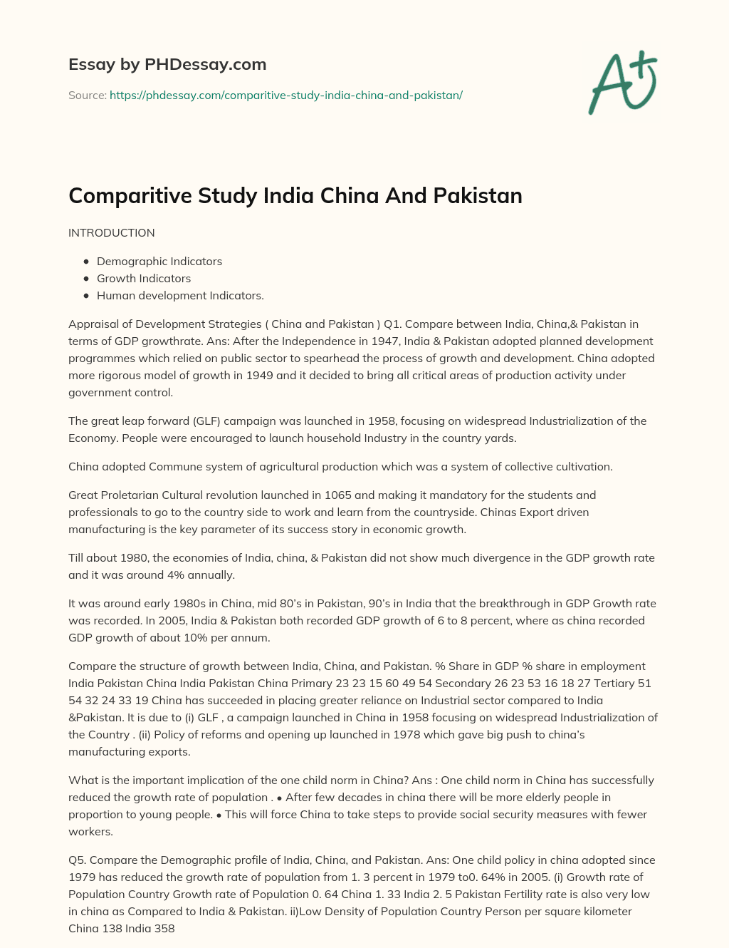 Comparitive Study India China And Pakistan essay
