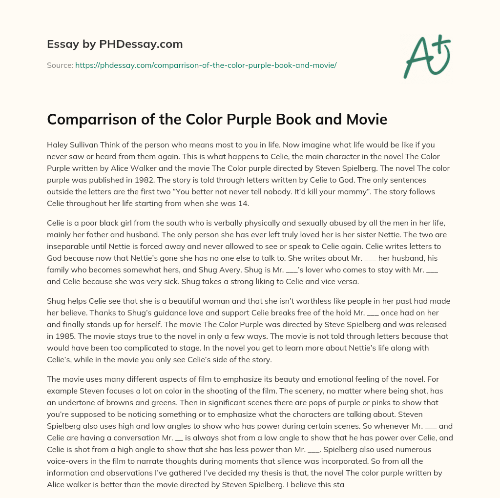 Comparrison of the Color Purple Book and Movie essay