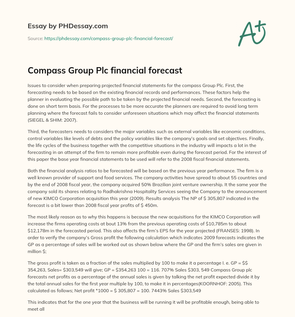 Compass Group Plc financial forecast essay