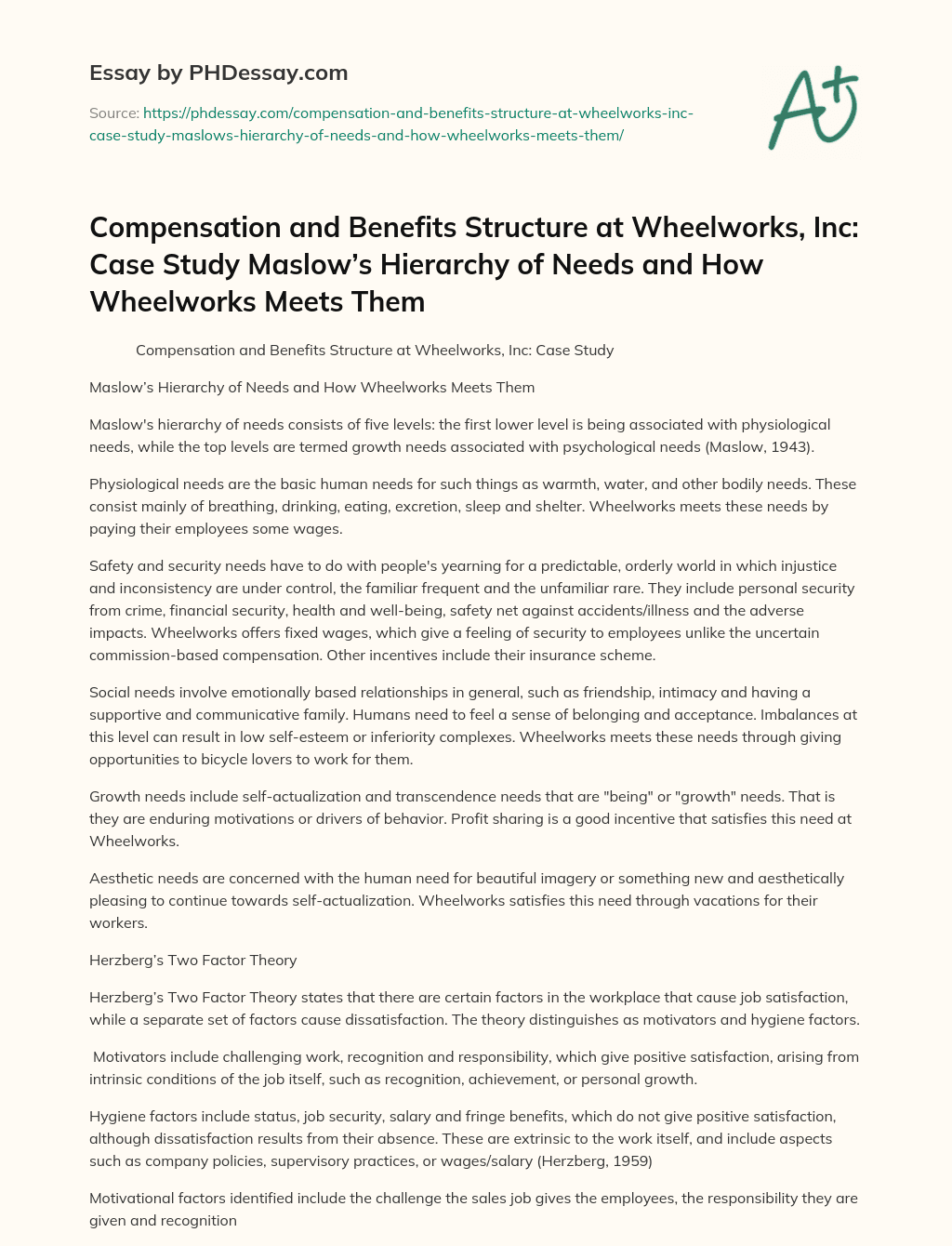 Wheelworks, Inc. Meets Employees’ Needs through Compensation and Benefits essay
