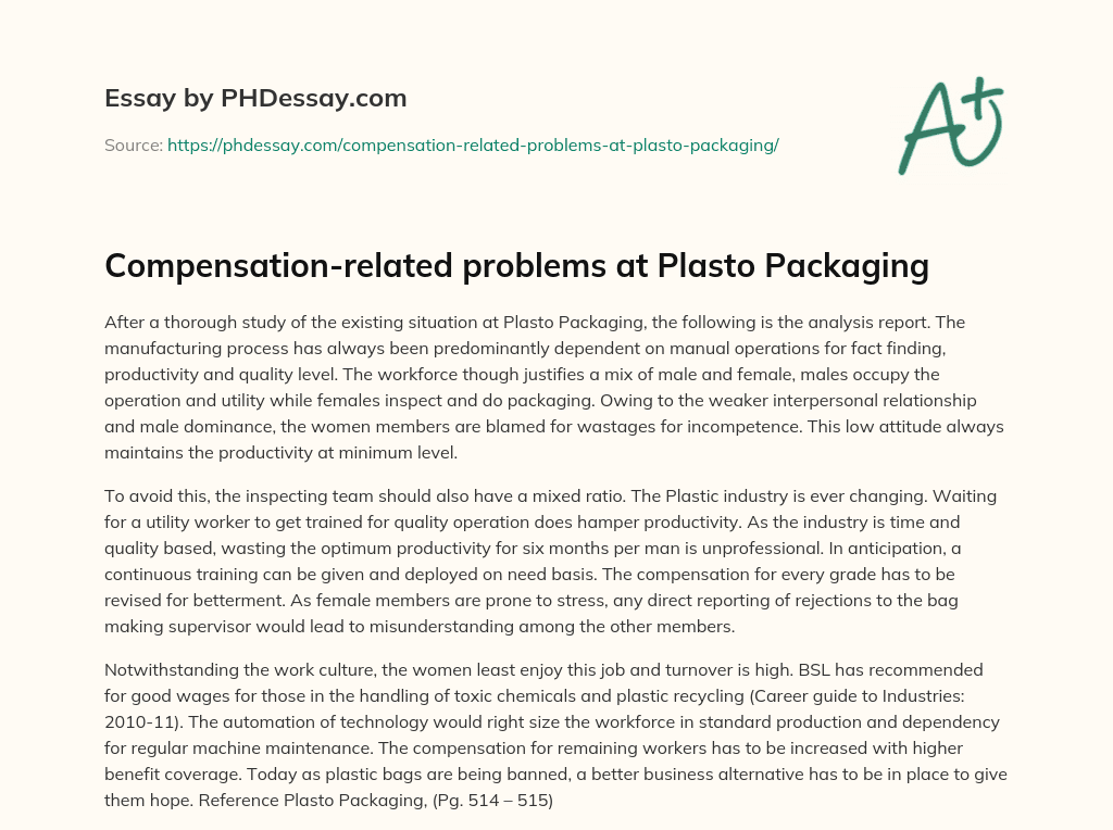 Compensation-related problems at Plasto Packaging essay