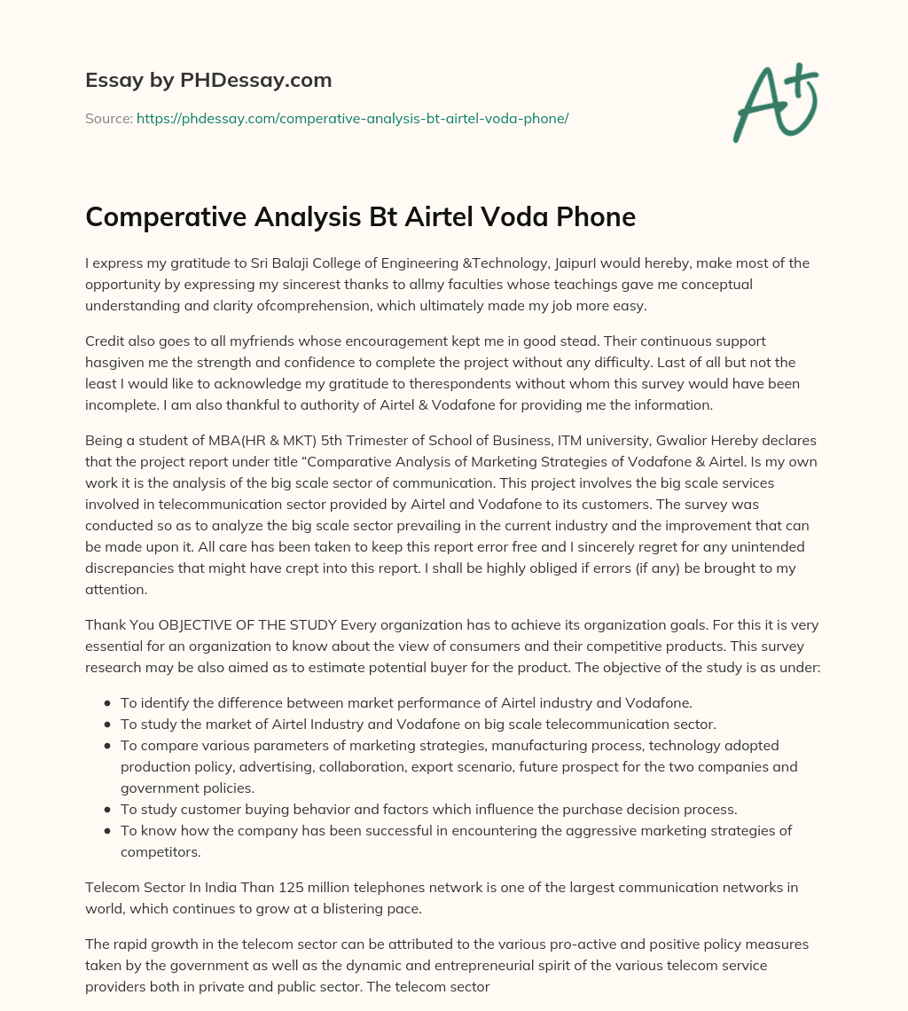 Comperative Analysis Bt Airtel Voda Phone essay