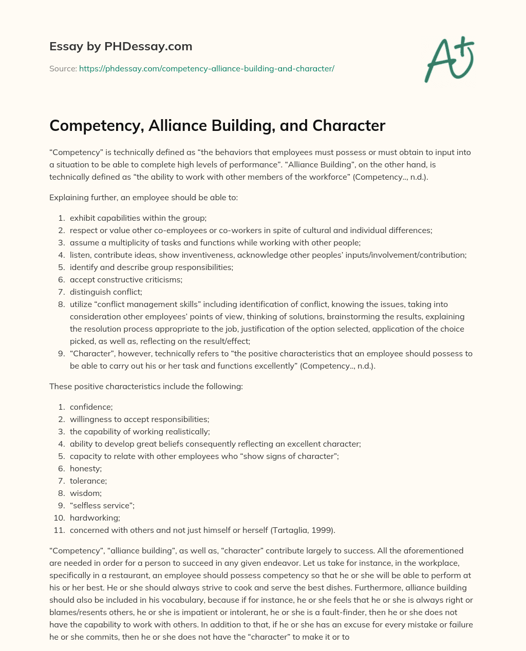 Competency, Alliance Building, and Character essay