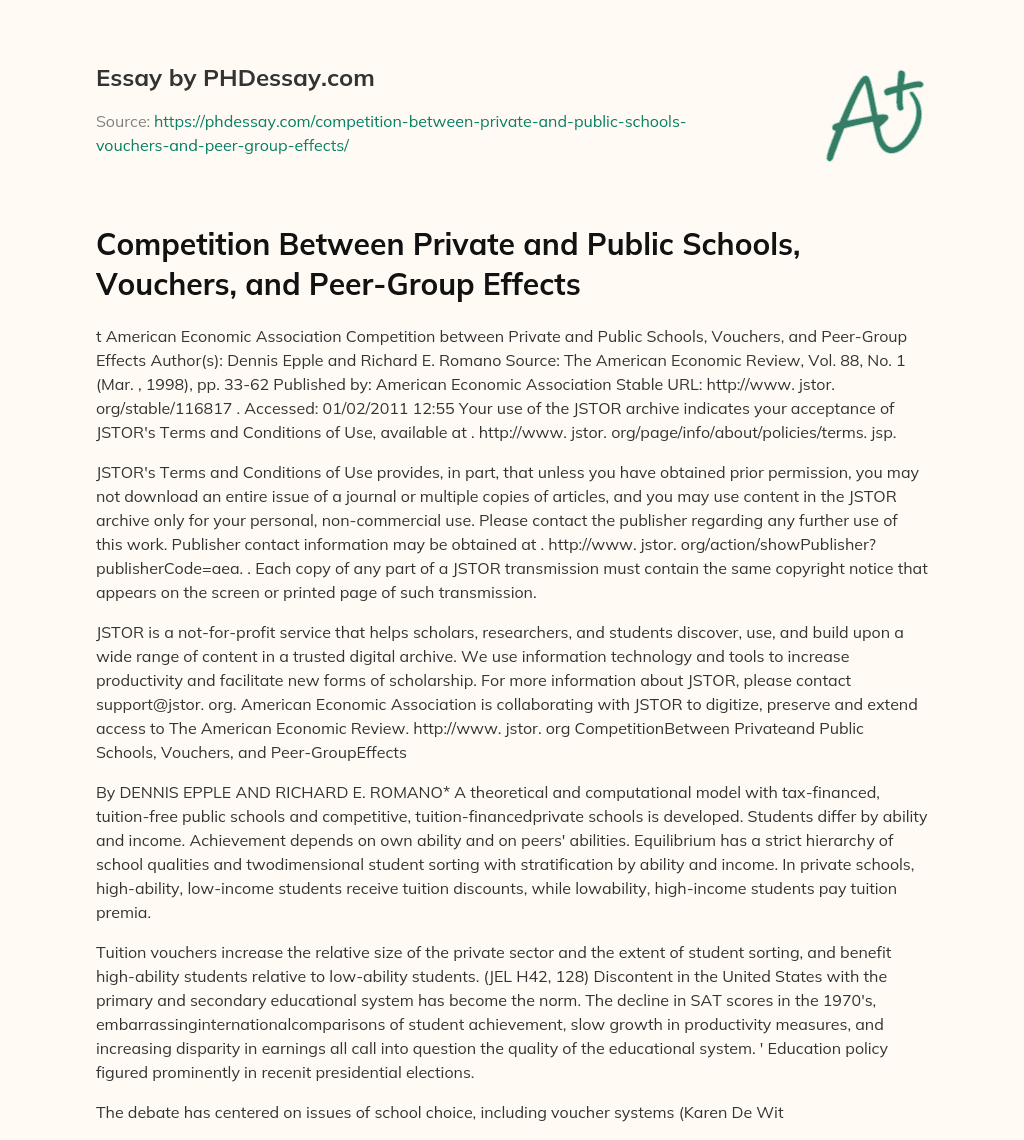 Competition Between Private and Public Schools, Vouchers, and Peer-Group Effects essay