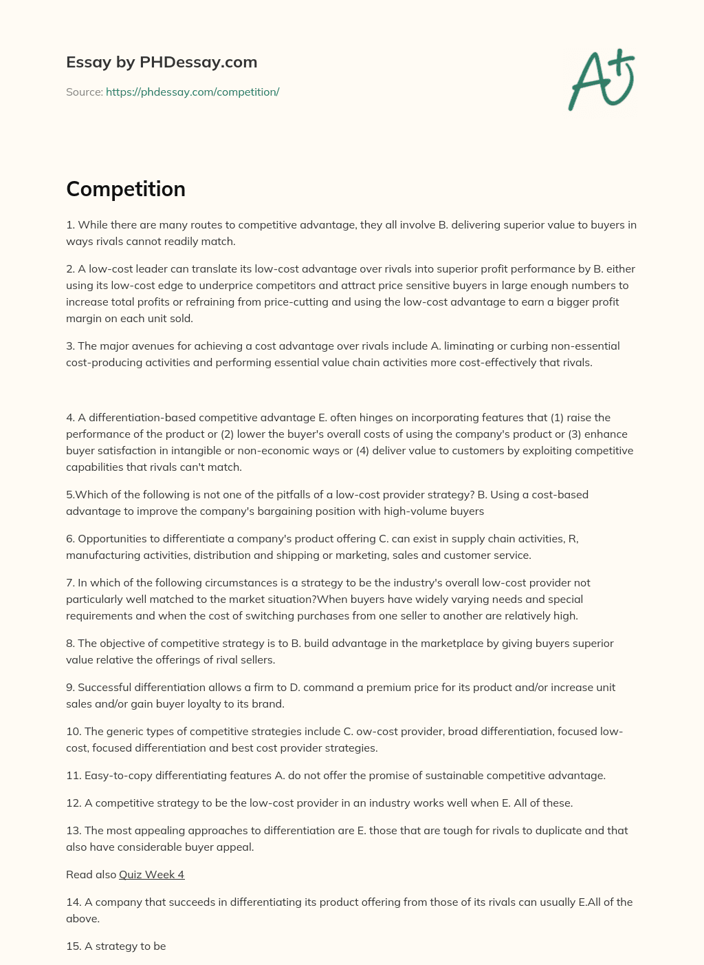 Routes to Competitive Advantage: Cost and Differentiation-Based Strategies essay
