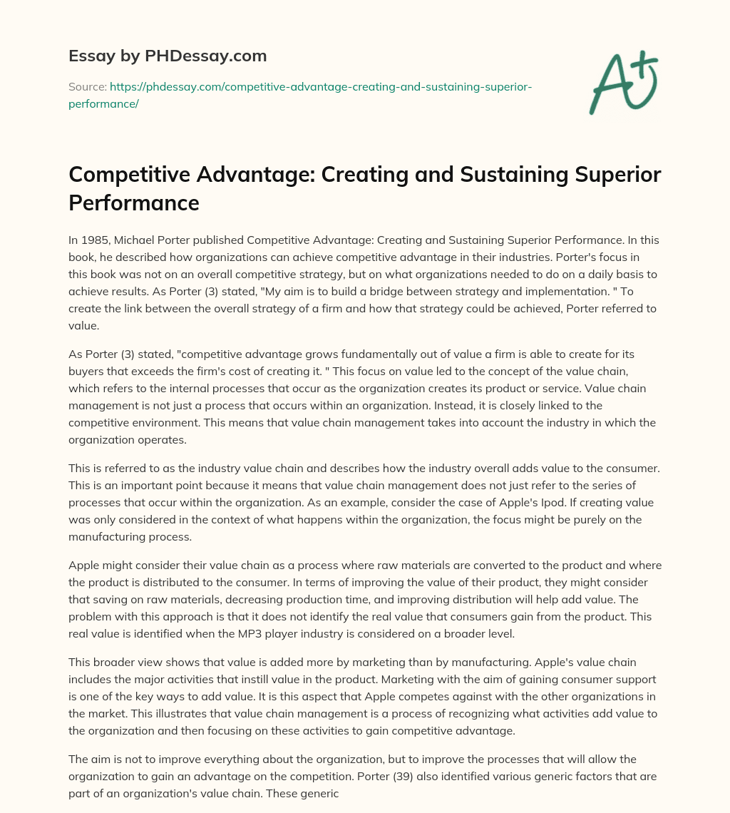 Competitive Advantage: Creating and Sustaining Superior Performance essay