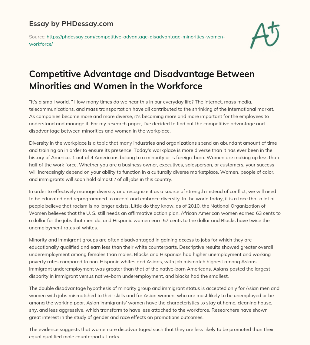 Competitive Advantage and Disadvantage Between Minorities and Women in the Workforce essay