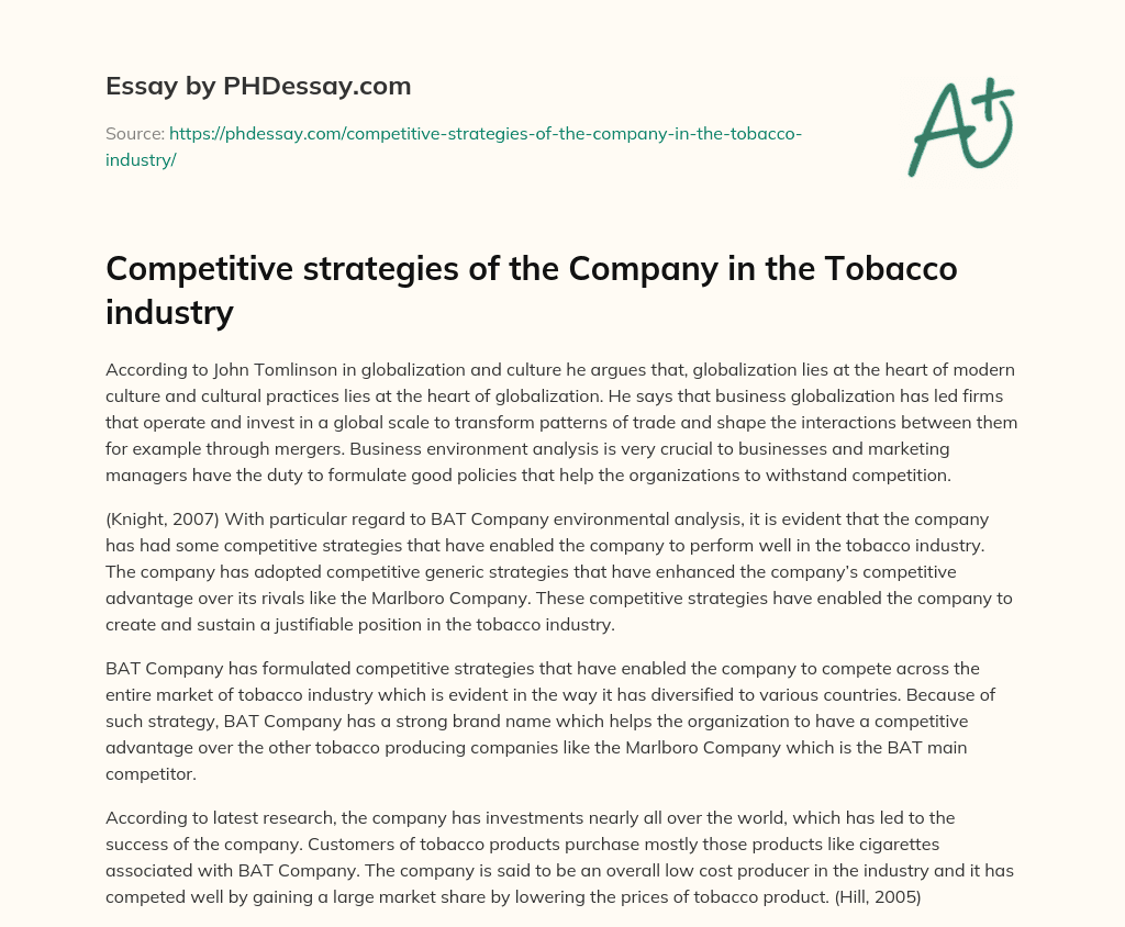 Competitive strategies of the Company in the Tobacco industry essay