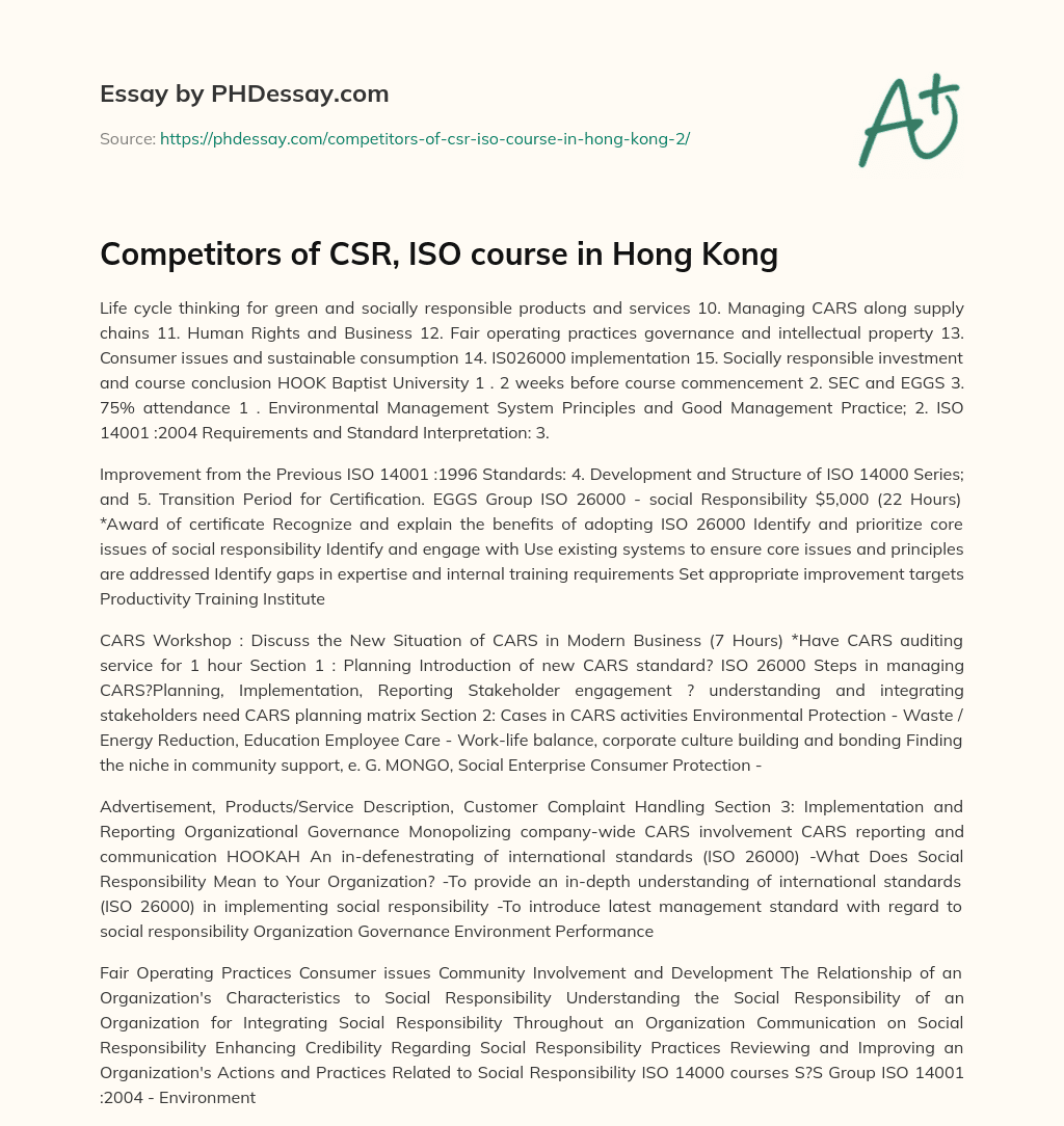 Competitors of CSR, ISO course in Hong Kong essay