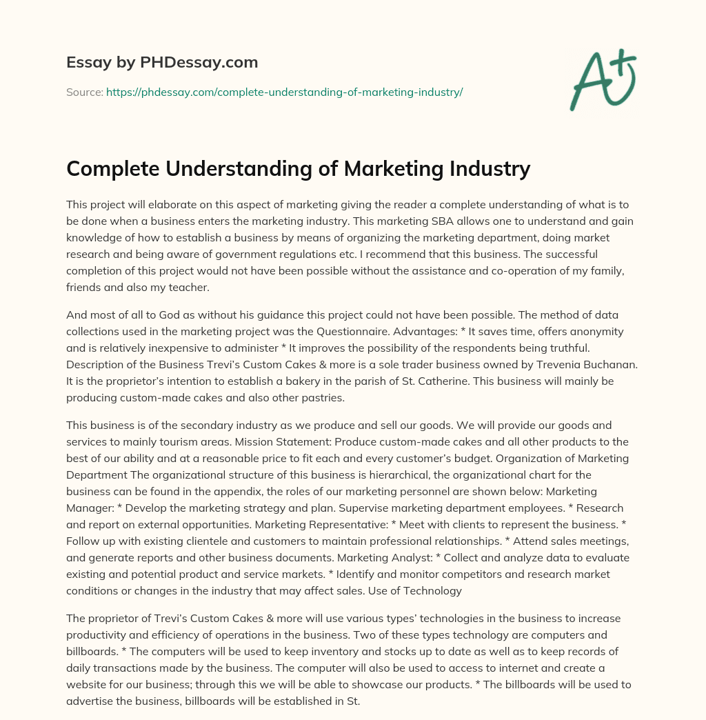 Complete Understanding of Marketing Industry essay