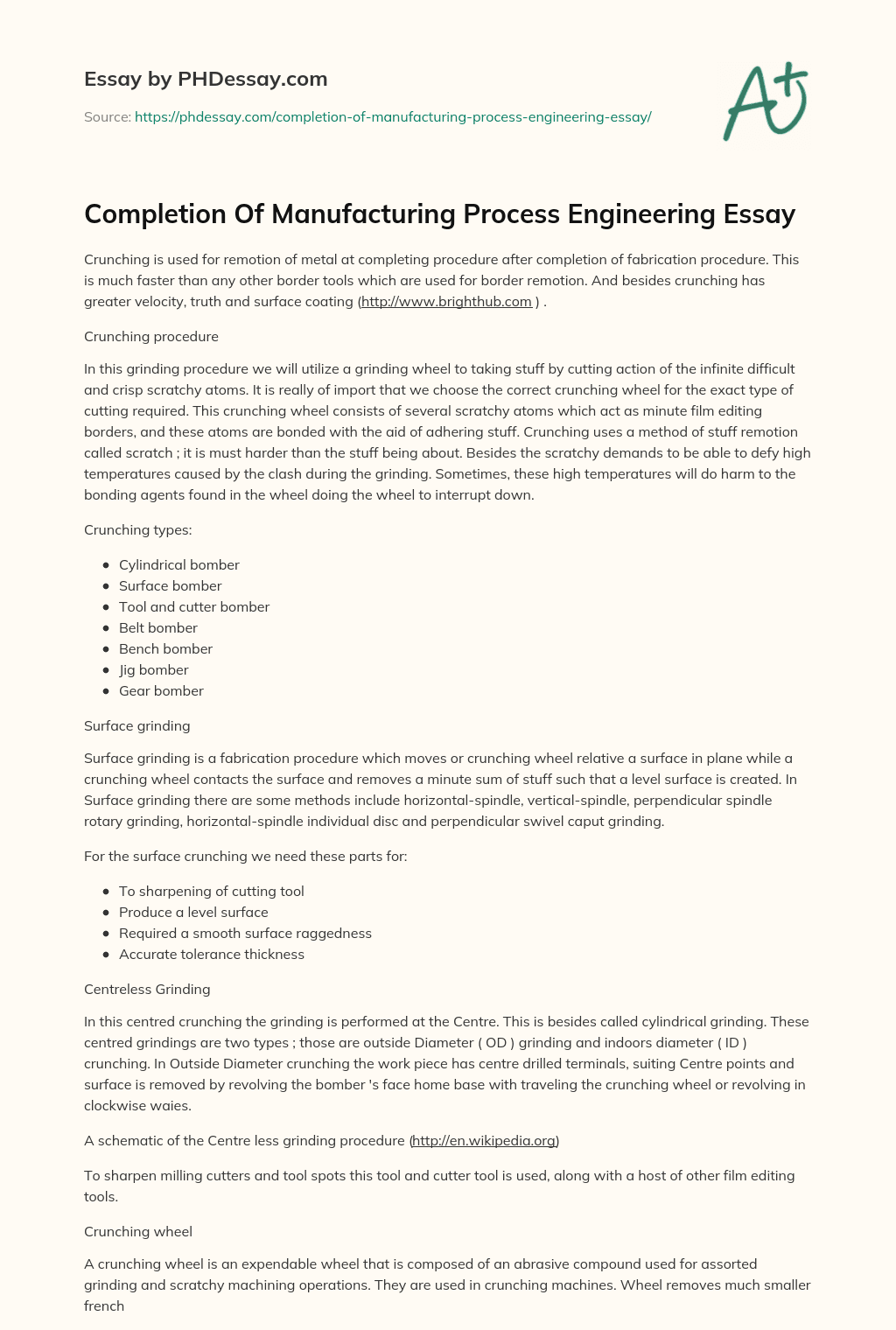 Completion Of Manufacturing Process Engineering Essay essay