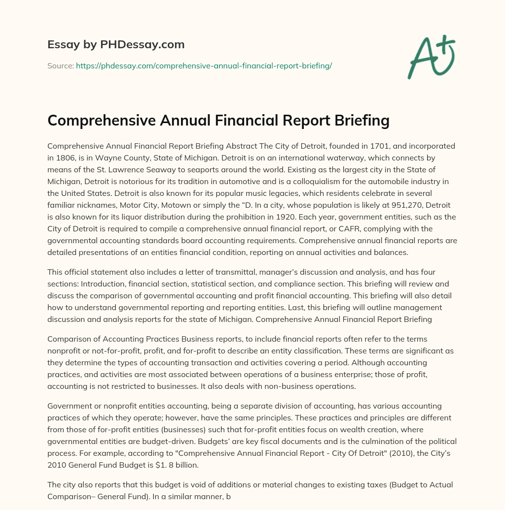 Comprehensive Annual Financial Report Briefing essay