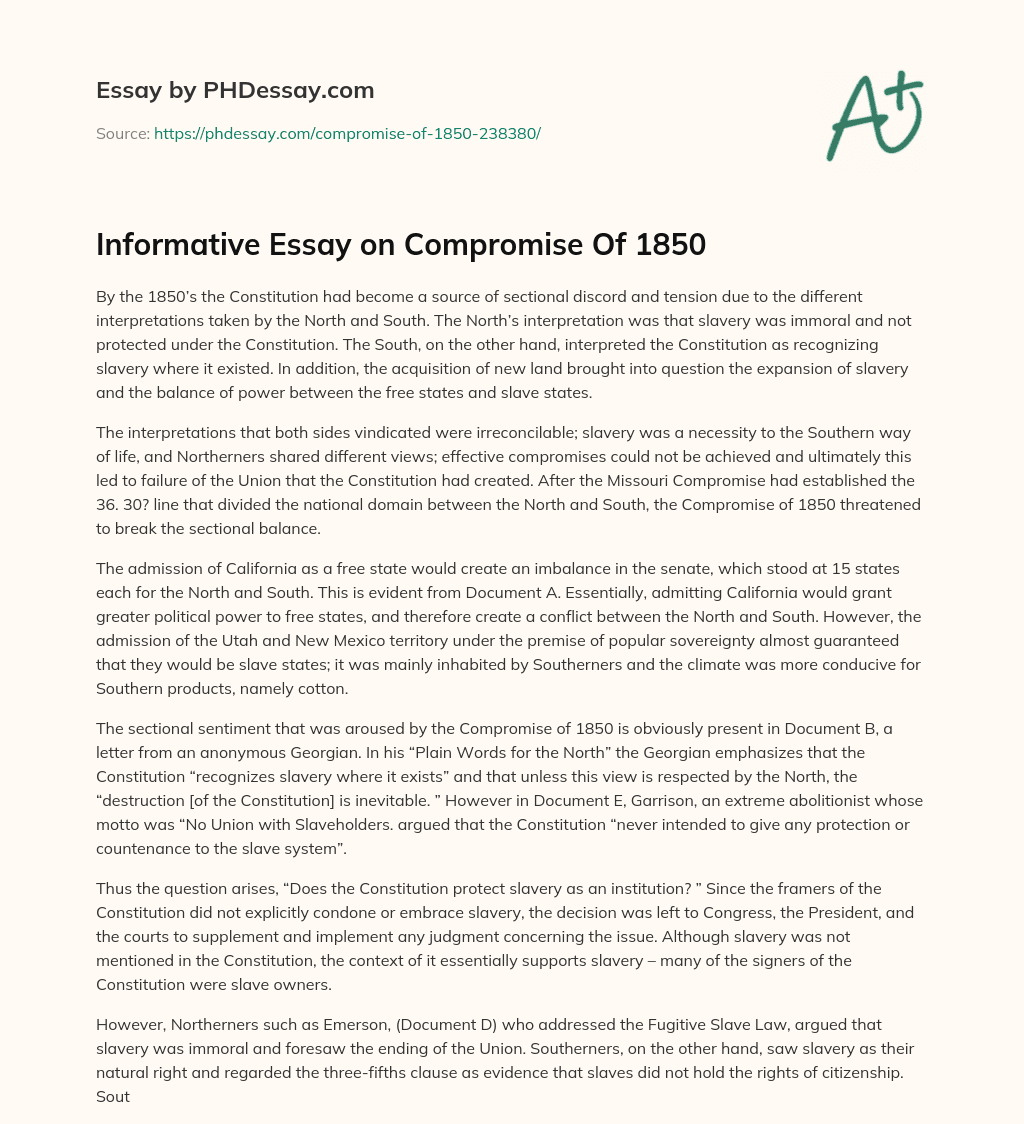 Informative Essay on Compromise Of 1850 essay